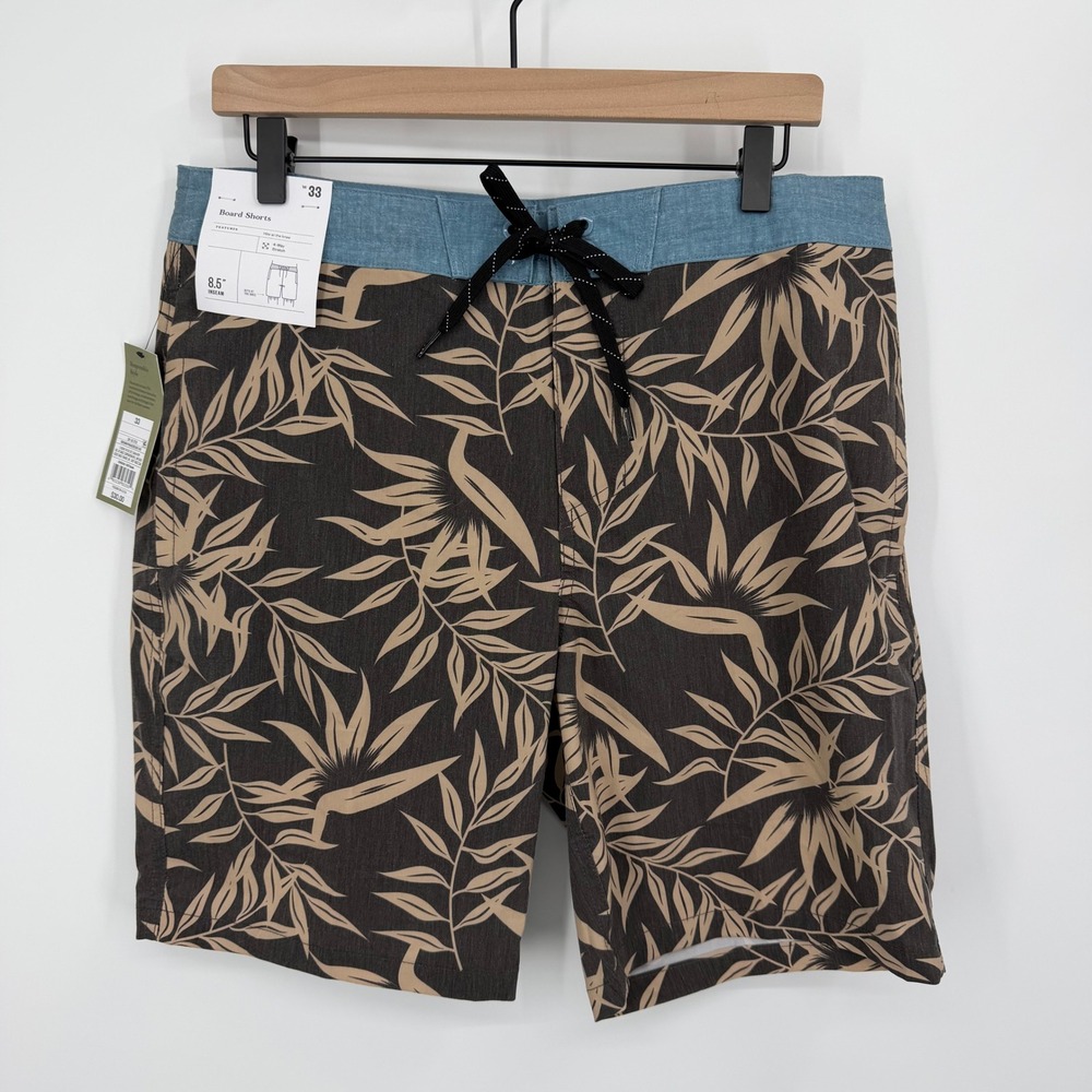 Goodfellow & Co Board Shorts Mens 33 Brown Leaf Print 4-Way Stretch Swim Trunks